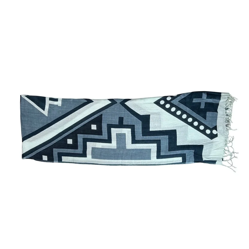Global Girlfriend Blue Grey Geometric Print Viscose Scarf Fair Trade Fringe Wrap